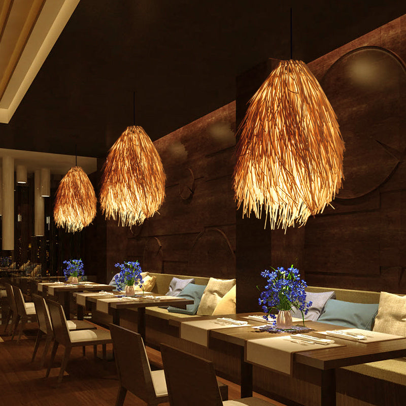 Aziatische Stijl Beige Rieten Hanglamp – Elegante Pendelarmatuur voor Restaurants en Eetruimtes