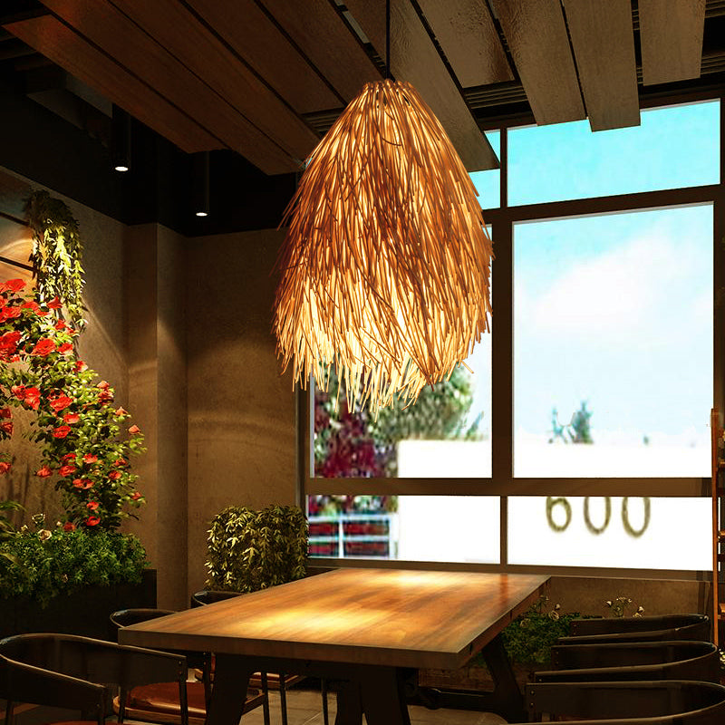 Aziatische Stijl Beige Rieten Hanglamp – Elegante Pendelarmatuur voor Restaurants en Eetruimtes