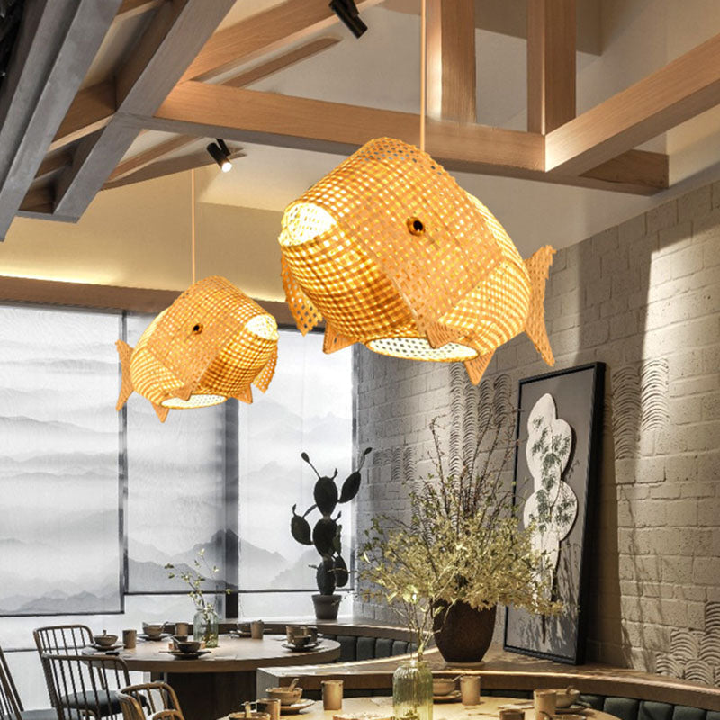 BambooFish - Aziatische Hanglamp van Rotan en Hout voor Restaurant en Eetkamer | Unieke Verlichting met Natuurlijke Materialen