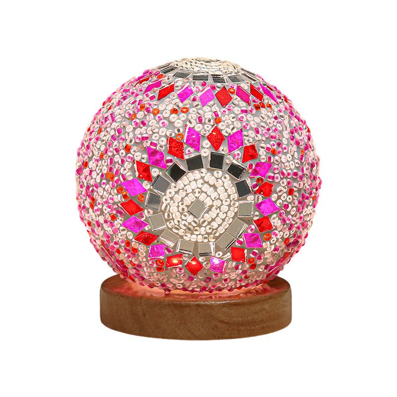 Sferische LED Dimbare Glazen Tafellamp - Boheems Barok Nachtlamp met Mozaïek & Houten Basis