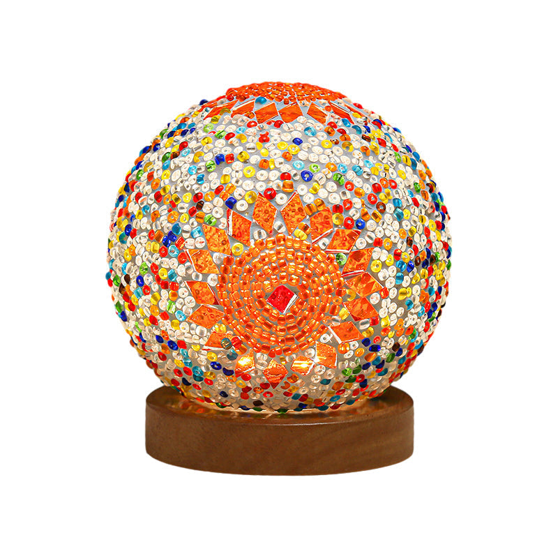 Sferische LED Dimbare Glazen Tafellamp - Boheems Barok Nachtlamp met Mozaïek & Houten Basis