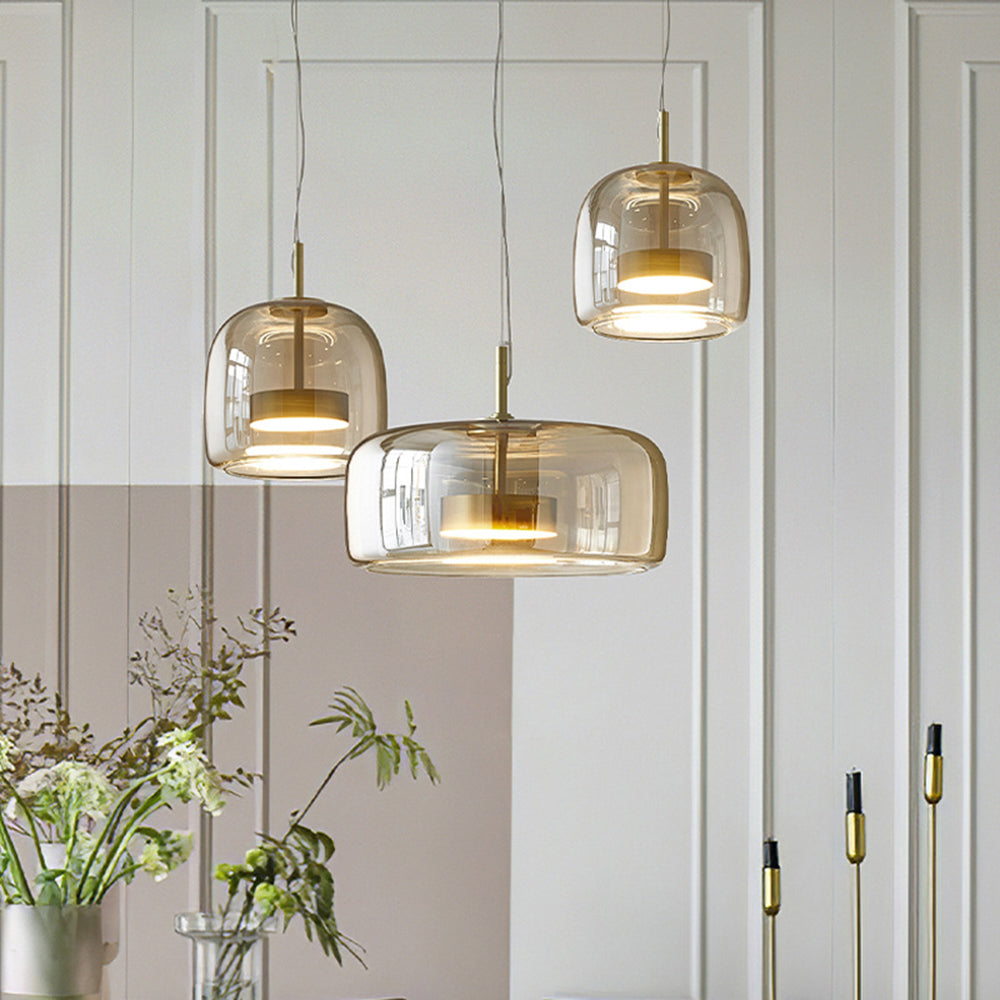 AmberGlow - Vintage LED Hanglamp van Goud Metaal en Glas | Retro Sfeerverlichting voor Slaapkamer en Woonkamer