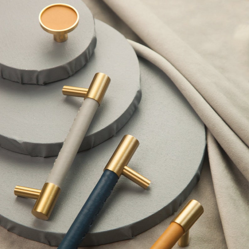 Messing Massief Lederen Handgemaakte Kastgrepen Ladeknoppen