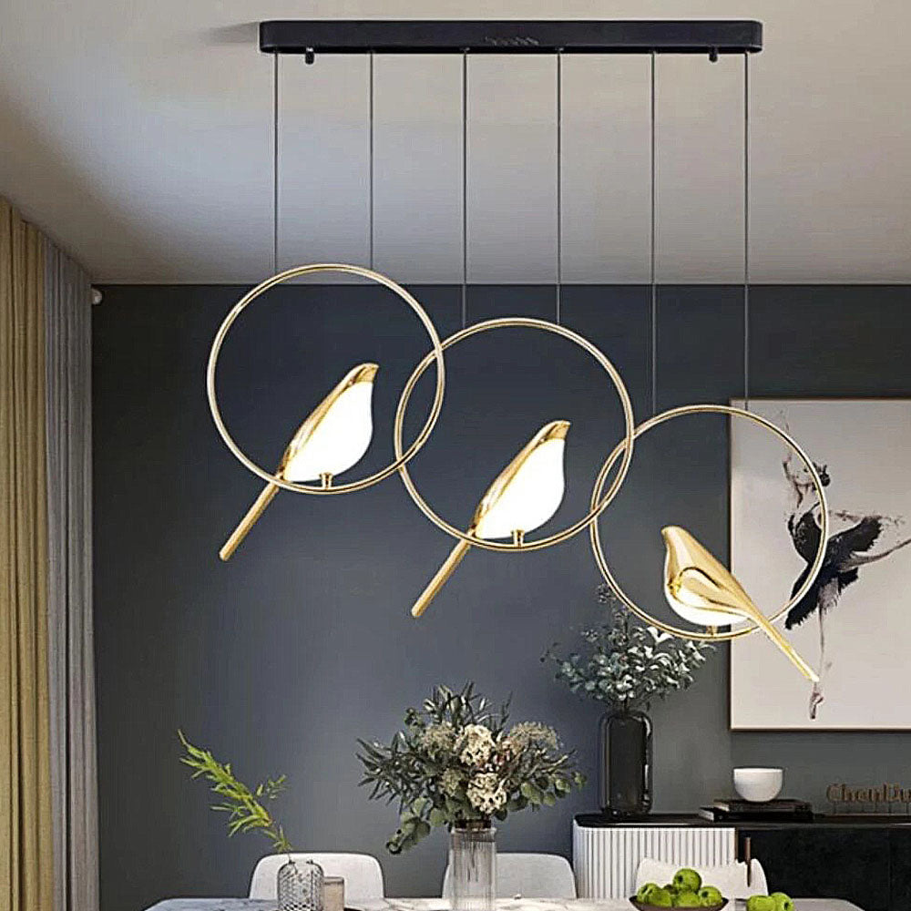 Creatieve LED Hanglamp met Vogels - Gouden Cirkelslinger voor Eetkamer, Woonkamer en Slaapkamer
