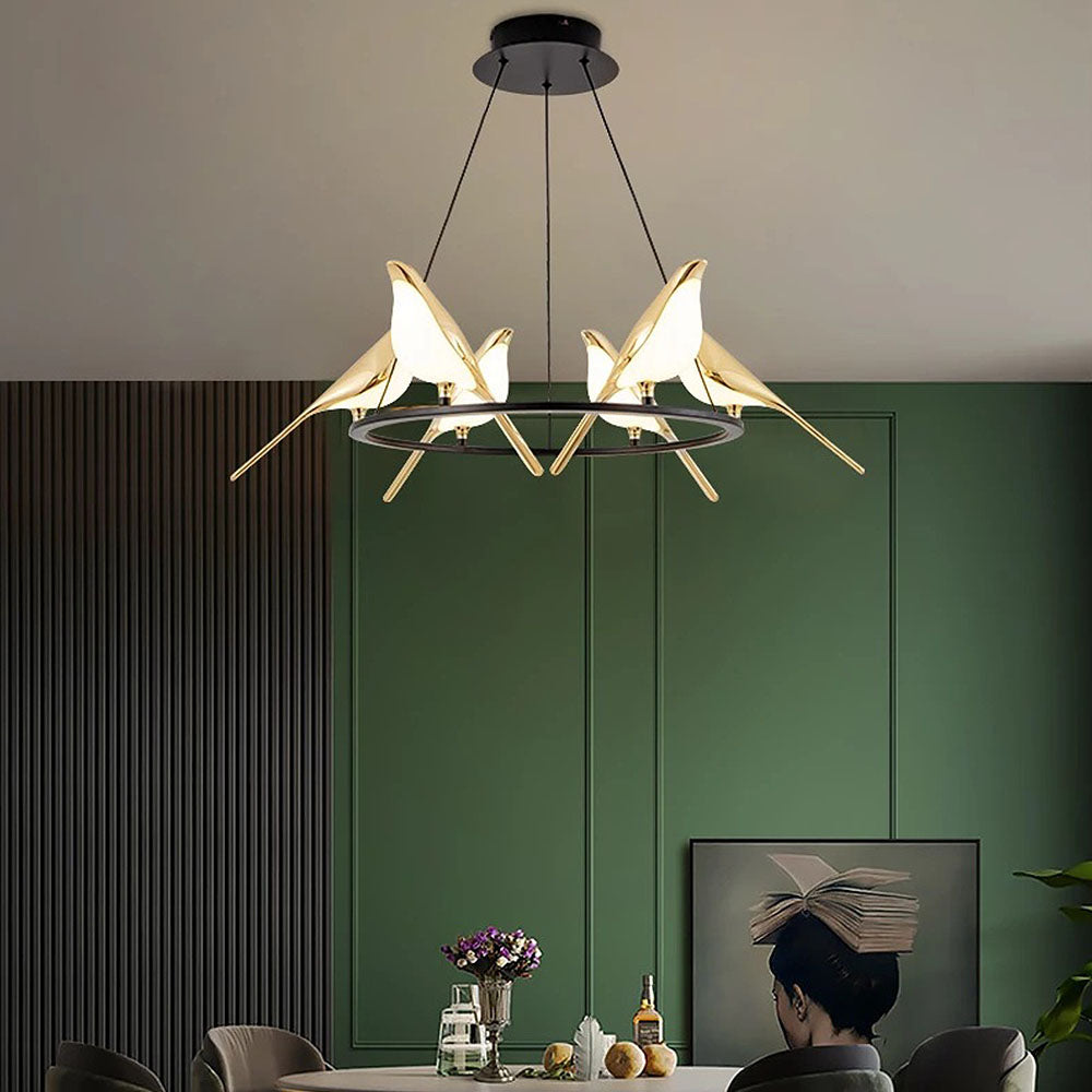 Creatieve LED Hanglamp met Vogels - Gouden Cirkelslinger voor Eetkamer, Woonkamer en Slaapkamer
