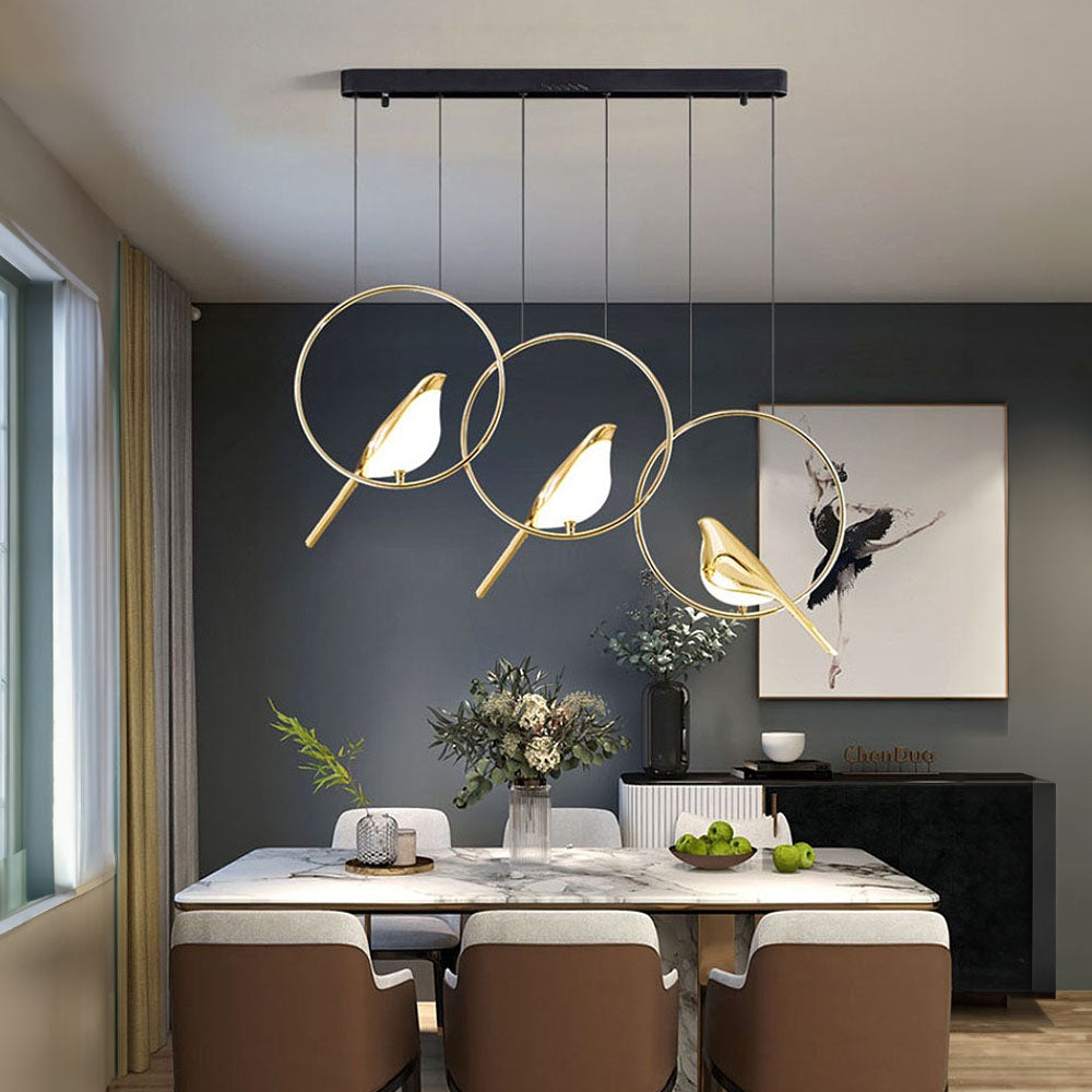 Creatieve LED Hanglamp met Vogels - Gouden Cirkelslinger voor Eetkamer, Woonkamer en Slaapkamer