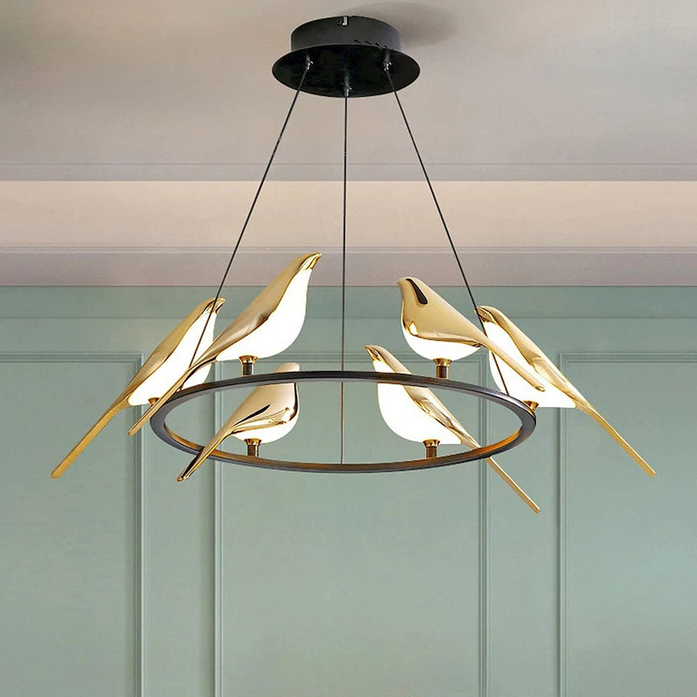 Creatieve LED Hanglamp met Vogels - Gouden Cirkelslinger voor Eetkamer, Woonkamer en Slaapkamer