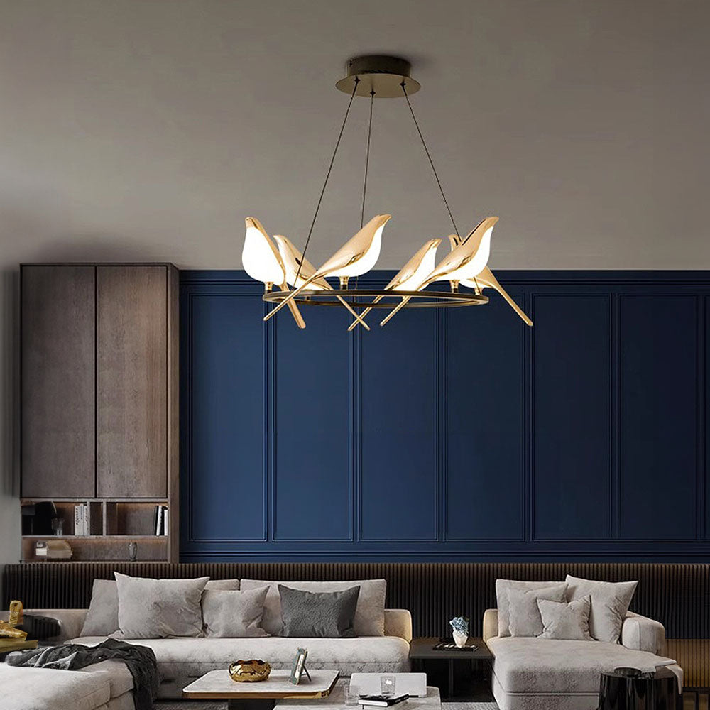 Creatieve LED Hanglamp met Vogels - Gouden Cirkelslinger voor Eetkamer, Woonkamer en Slaapkamer