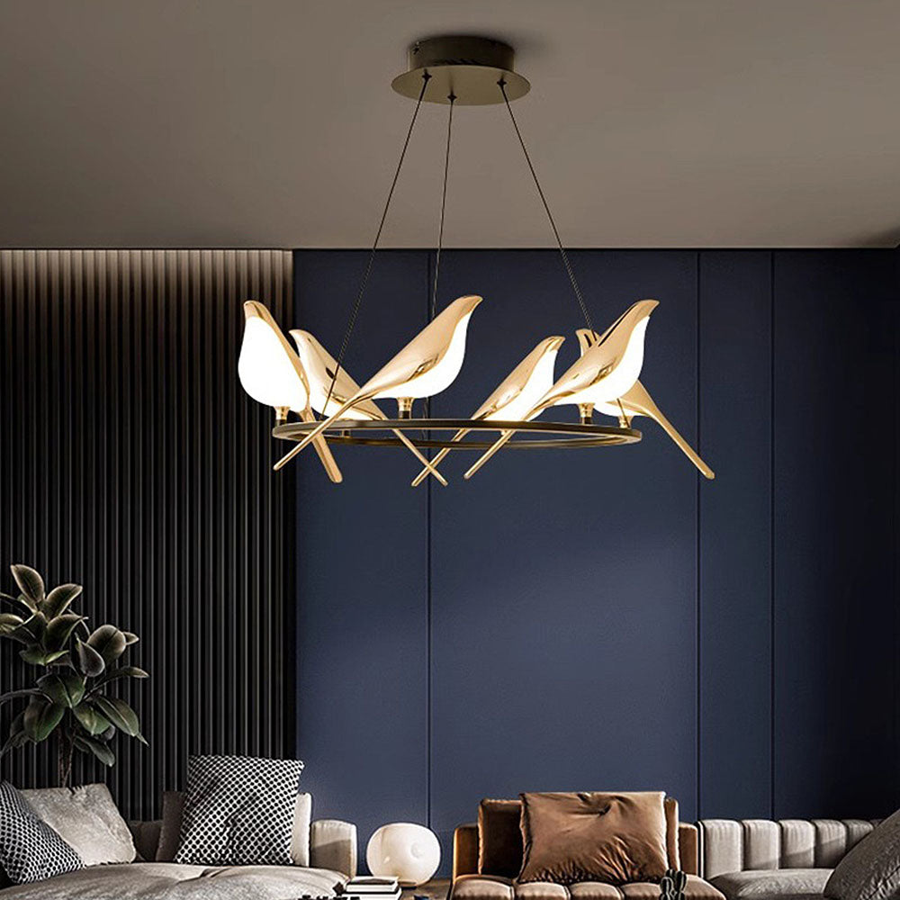 Creatieve LED Hanglamp met Vogels - Gouden Cirkelslinger voor Eetkamer, Woonkamer en Slaapkamer
