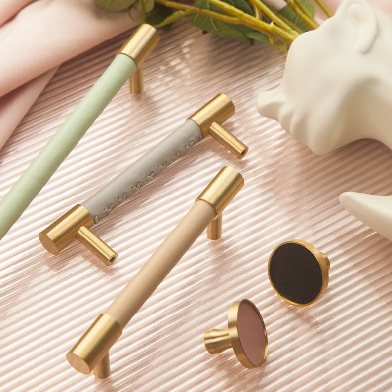 Messing Massief Lederen Handgemaakte Kastgrepen Ladeknoppen