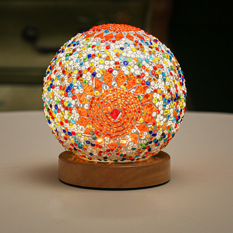 Sferische LED Dimbare Glazen Tafellamp - Boheems Barok Nachtlamp met Mozaïek & Houten Basis