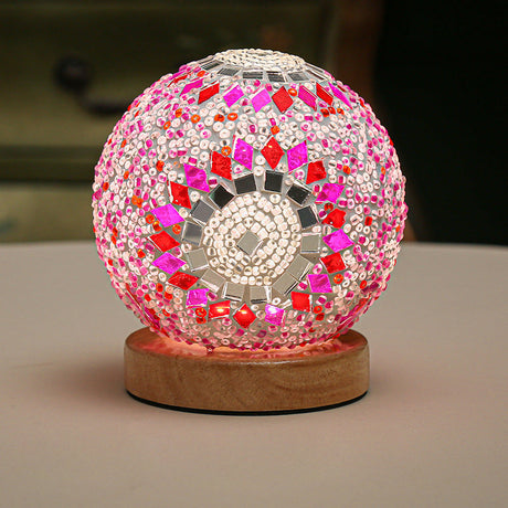 Sferische LED Dimbare Glazen Tafellamp - Boheems Barok Nachtlamp met Mozaïek & Houten Basis