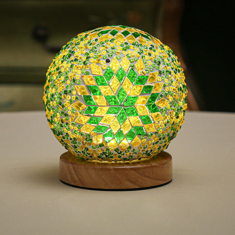 Sferische LED Dimbare Glazen Tafellamp - Boheems Barok Nachtlamp met Mozaïek & Houten Basis