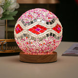 Sferische LED Dimbare Glazen Tafellamp - Boheems Barok Nachtlamp met Mozaïek & Houten Basis