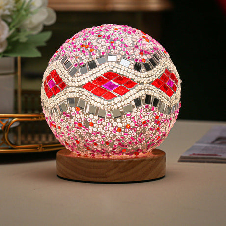Sferische LED Dimbare Glazen Tafellamp - Boheems Barok Nachtlamp met Mozaïek & Houten Basis