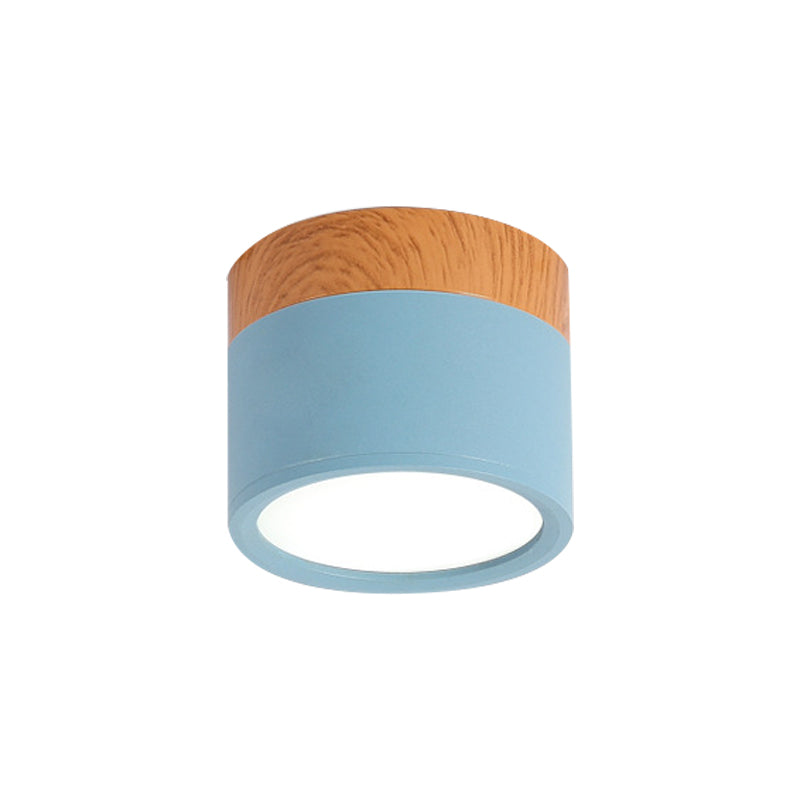 Moderne Macaron Plafondlamp – Compacte Metaal/Hout Flush Mount Verlichting voor Keuken en Bar in Geel, Blauw en Zwart
