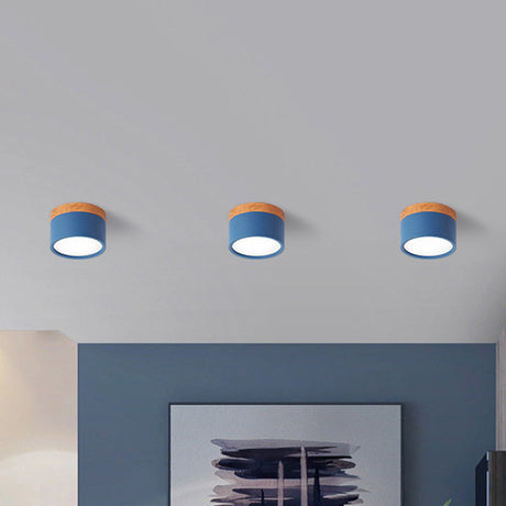 Moderne Macaron Plafondlamp – Compacte Metaal/Hout Flush Mount Verlichting voor Keuken en Bar in Geel, Blauw en Zwart