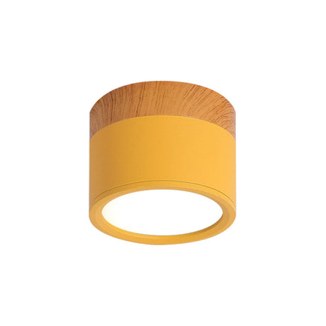 Moderne Macaron Plafondlamp – Compacte Metaal/Hout Flush Mount Verlichting voor Keuken en Bar in Geel, Blauw en Zwart