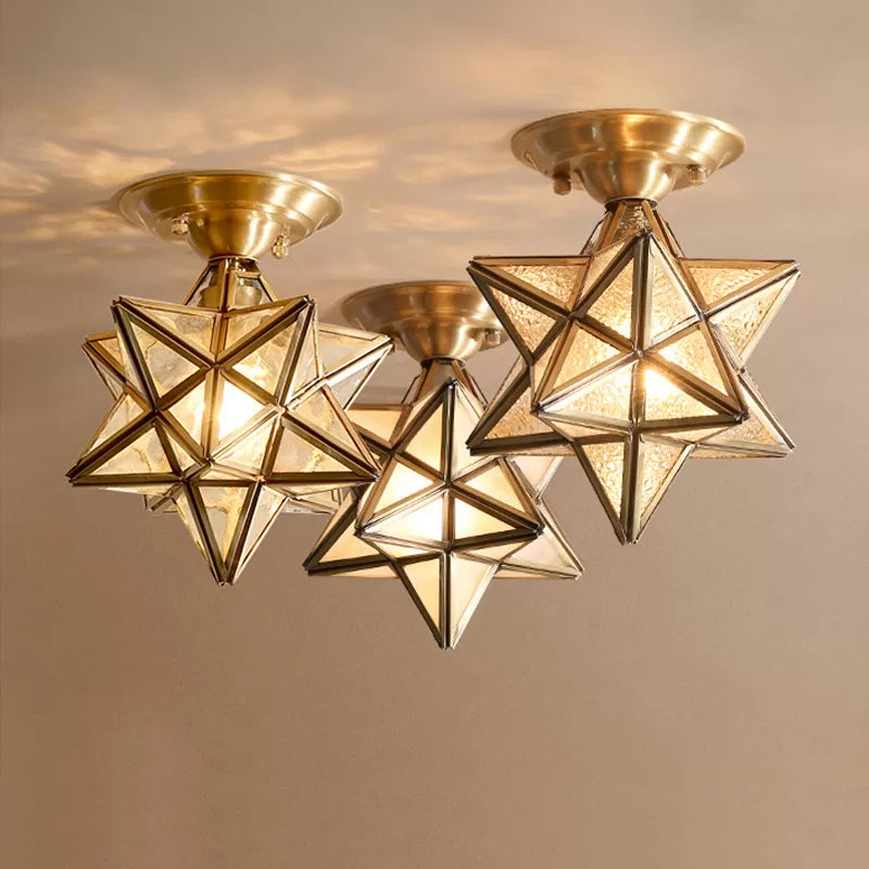 Stervormige Messing Plafondlamp - Traditioneel Transparant Glas, Klassieke Verlichting voor Slaapkamer en Foyer