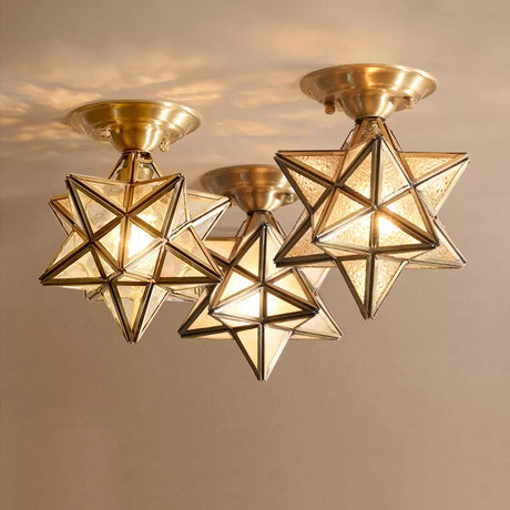 Stervormige Messing Plafondlamp - Traditioneel Transparant Glas, Klassieke Verlichting voor Slaapkamer en Foyer