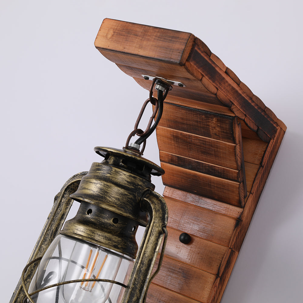 Vintage Lantaarn Wandlamp – Metalen en Houten Retro Verlichting voor Woonkamer en Slaapkamer