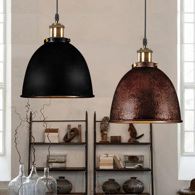 Industrieel Sfeervolle Hanglamp - Zwart/Roest Metaal - 1-Licht Dome Ontwerp met Verstelbare Ketting