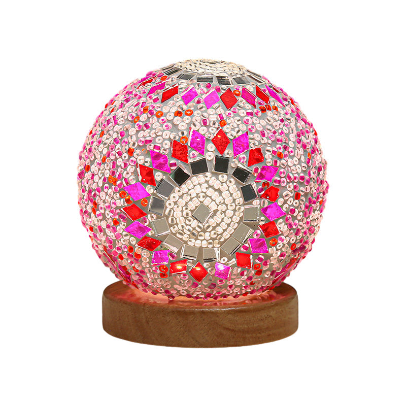 Sferische LED Dimbare Glazen Tafellamp - Boheems Barok Nachtlamp met Mozaïek & Houten Basis