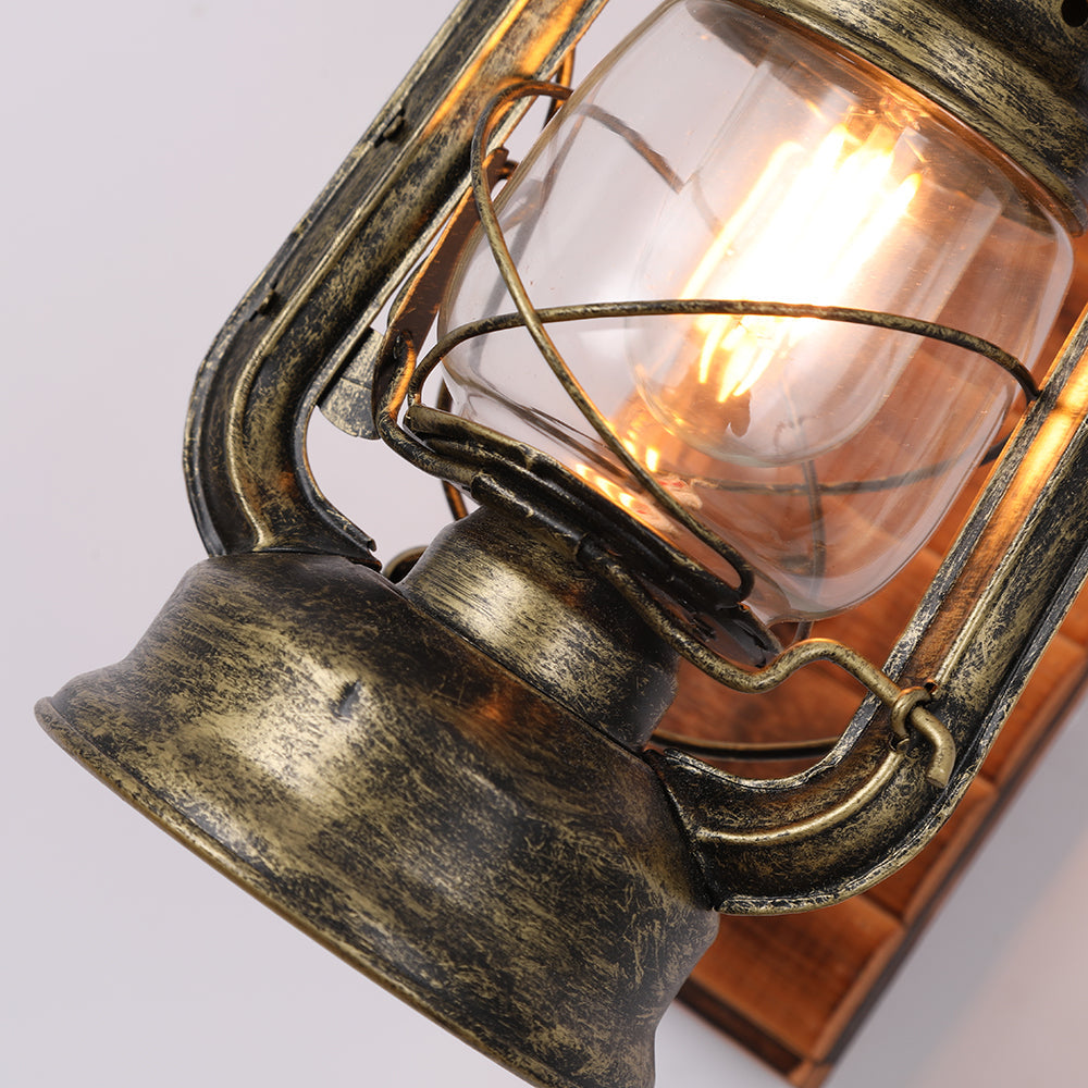 Vintage Lantaarn Wandlamp – Metalen en Houten Retro Verlichting voor Woonkamer en Slaapkamer