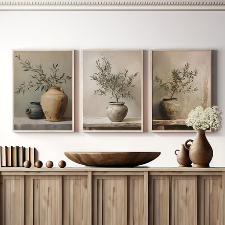 Set van 3 Vintage Olijftak Canvas Kunstprints – Botanische Retro Wanddecoratie voor Woonkamer & Slaapkamer | Zonder Lijst