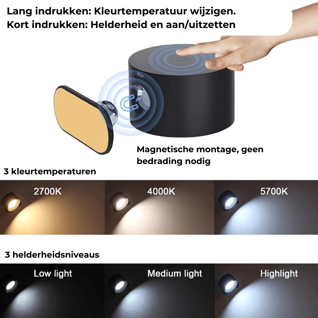 Draadloze 360° Oplaadbare LED Muurlamp – Verlichting voor Binnen en Buiten | Flexibele en Waterdichte Wandlamp