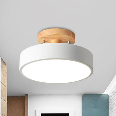 Scandinavische LED Plafondlamp met Hout | Moderne Trommelvorm voor Gangen en Entrees | Energiezuinige Verlichting