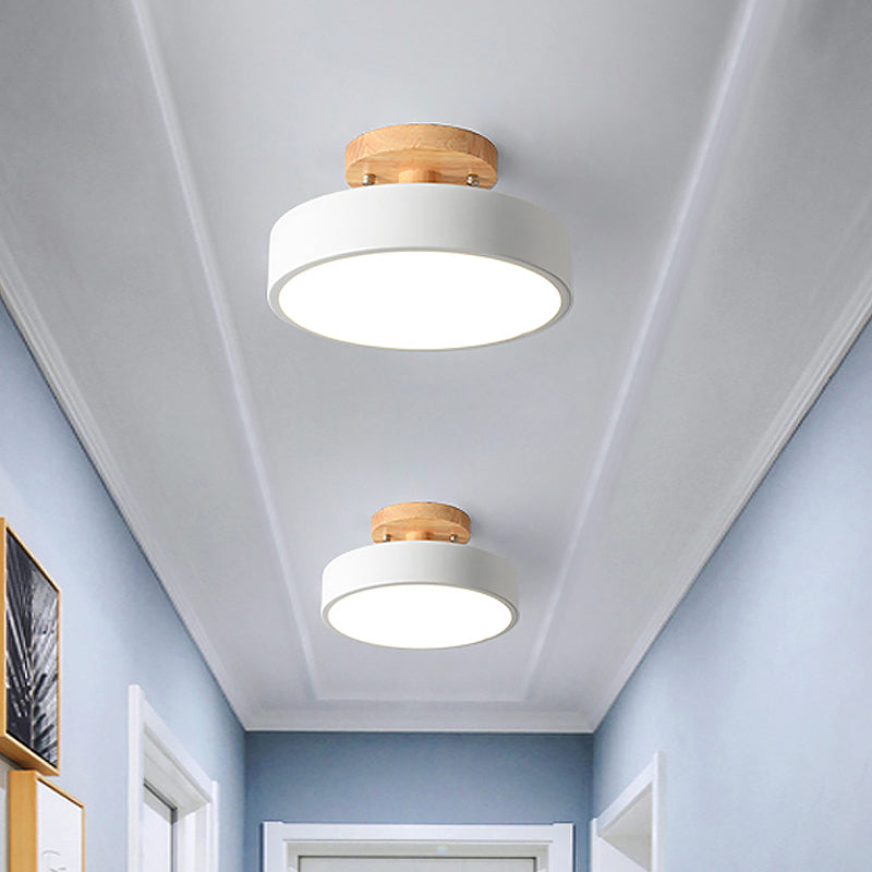 Scandinavische LED Plafondlamp met Hout | Moderne Trommelvorm voor Gangen en Entrees | Energiezuinige Verlichting