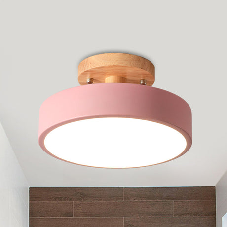 Scandinavische LED Plafondlamp met Hout | Moderne Trommelvorm voor Gangen en Entrees | Energiezuinige Verlichting