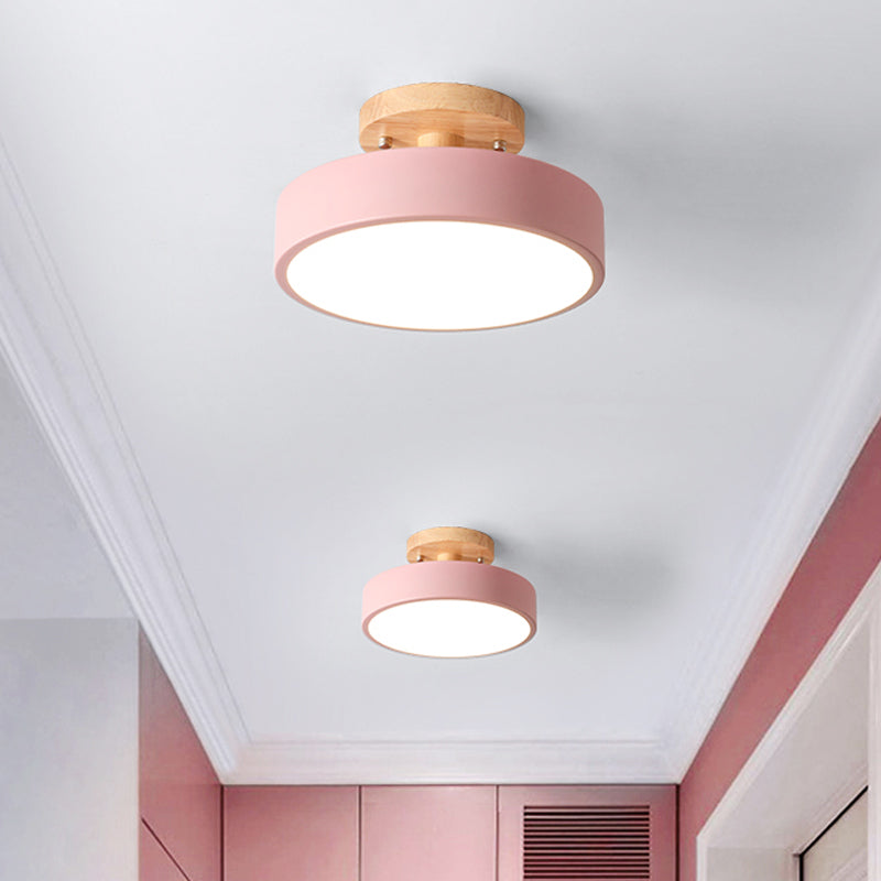 Scandinavische LED Plafondlamp met Hout | Moderne Trommelvorm voor Gangen en Entrees | Energiezuinige Verlichting