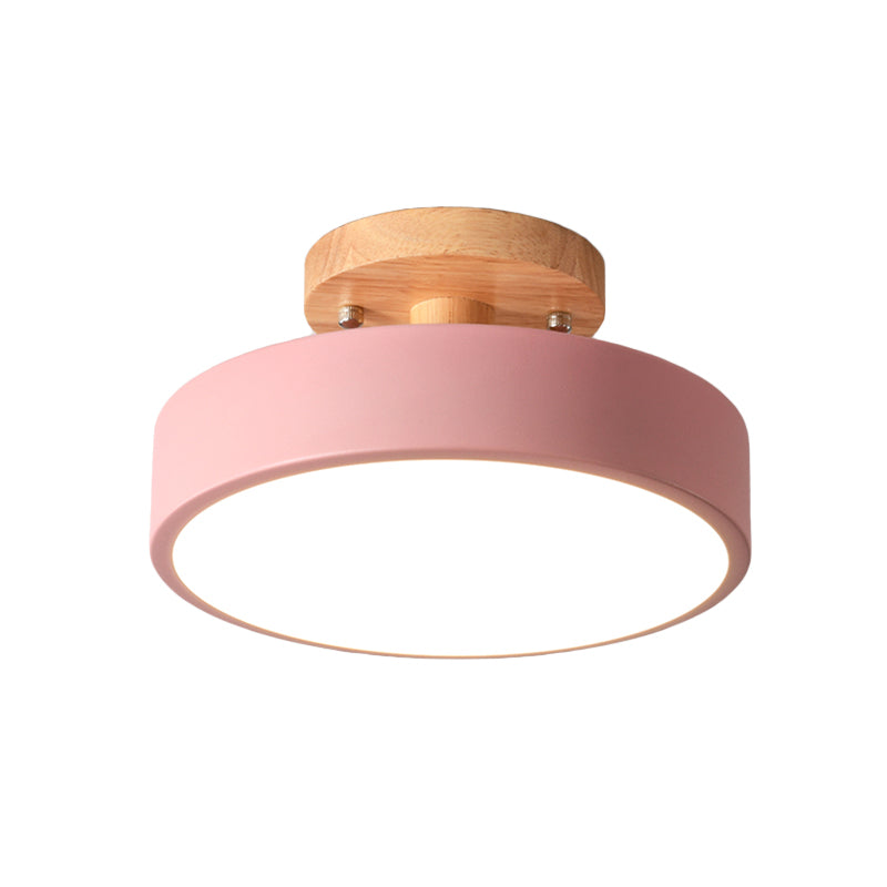 Scandinavische LED Plafondlamp met Hout | Moderne Trommelvorm voor Gangen en Entrees | Energiezuinige Verlichting