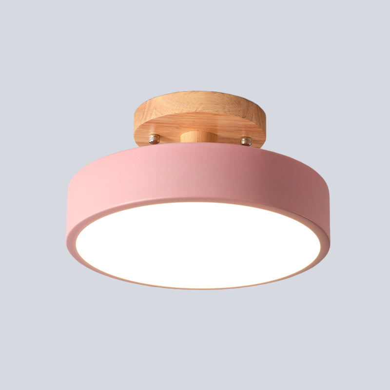 Scandinavische LED Plafondlamp met Hout | Moderne Trommelvorm voor Gangen en Entrees | Energiezuinige Verlichting