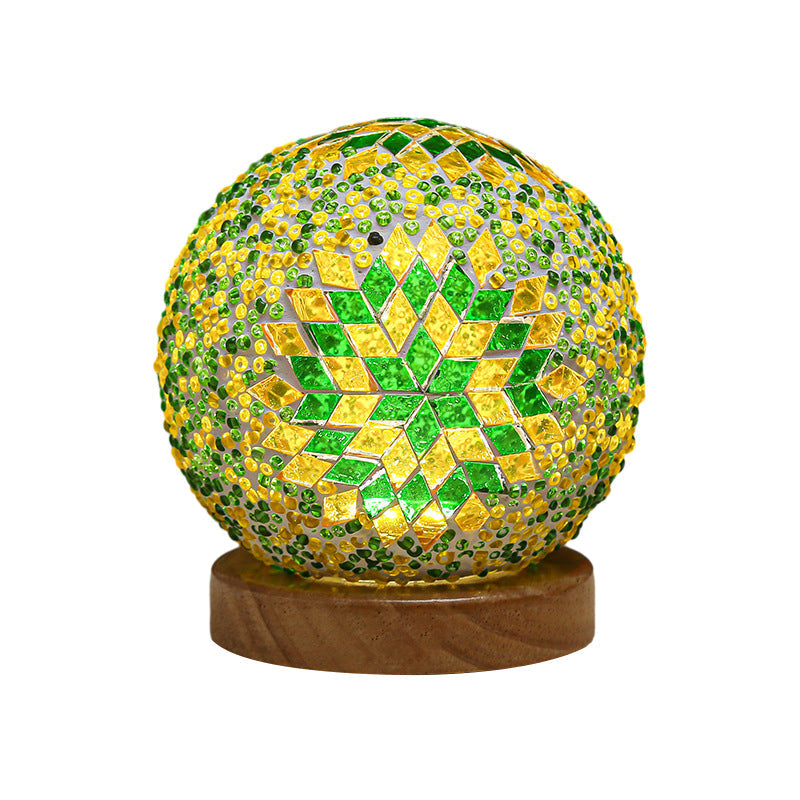 Sferische LED Dimbare Glazen Tafellamp - Boheems Barok Nachtlamp met Mozaïek & Houten Basis