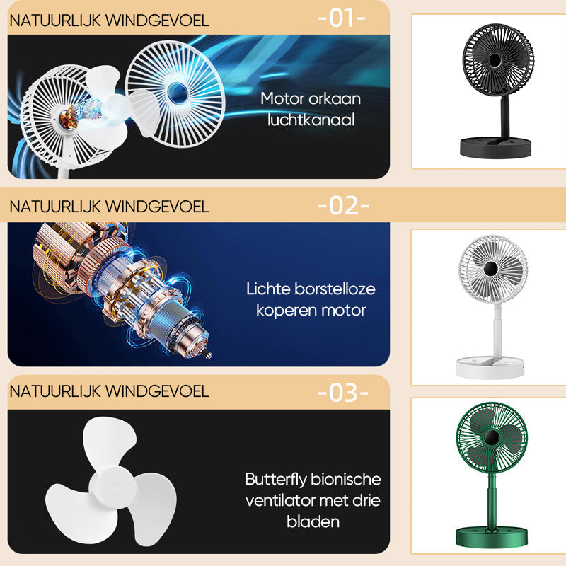 Draagbare Oplaadbare Telescopische Tafelventilator met Stil Ontwerp en Verstelbare Hoogte