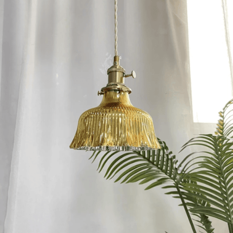 Vintage Scandinavische Glazen Hanglamp | Retro Design met Koper en Walnoot Afwerking voor Eetkamer en Slaapkamer