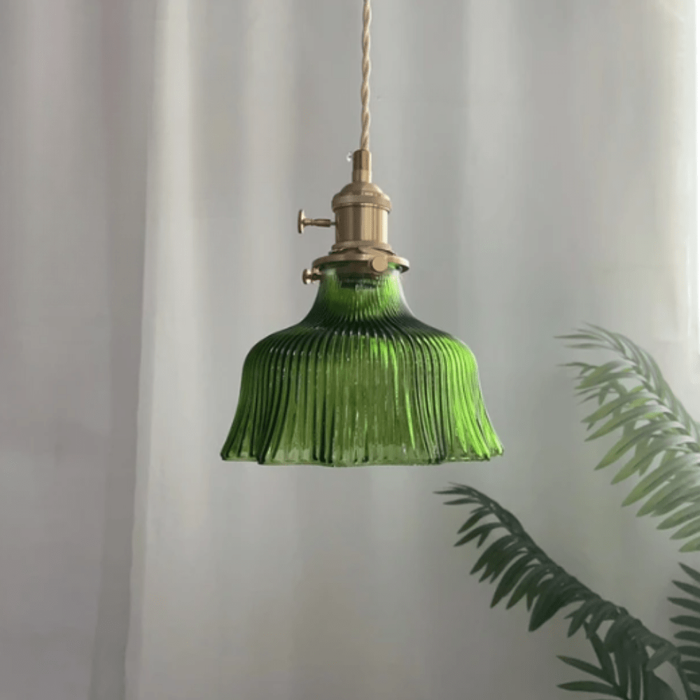 Vintage Scandinavische Glazen Hanglamp | Retro Design met Koper en Walnoot Afwerking voor Eetkamer en Slaapkamer
