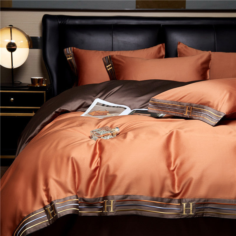 Luxe Satijnen Katoen Beddengoed Set 4-delig | 100% Katoen Geborduurd | Beschikbaar in Grijs, Khaki, Blauw, Oranje