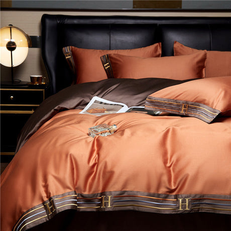 Luxe Satijnen Katoen Beddengoed Set 4-delig | 100% Katoen Geborduurd | Beschikbaar in Grijs, Khaki, Blauw, Oranje