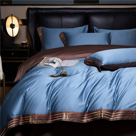 Luxe Satijnen Katoen Beddengoed Set 4-delig | 100% Katoen Geborduurd | Beschikbaar in Grijs, Khaki, Blauw, Oranje