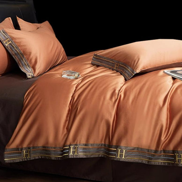 Luxe Satijnen Katoen Beddengoed Set 4-delig | 100% Katoen Geborduurd | Beschikbaar in Grijs, Khaki, Blauw, Oranje