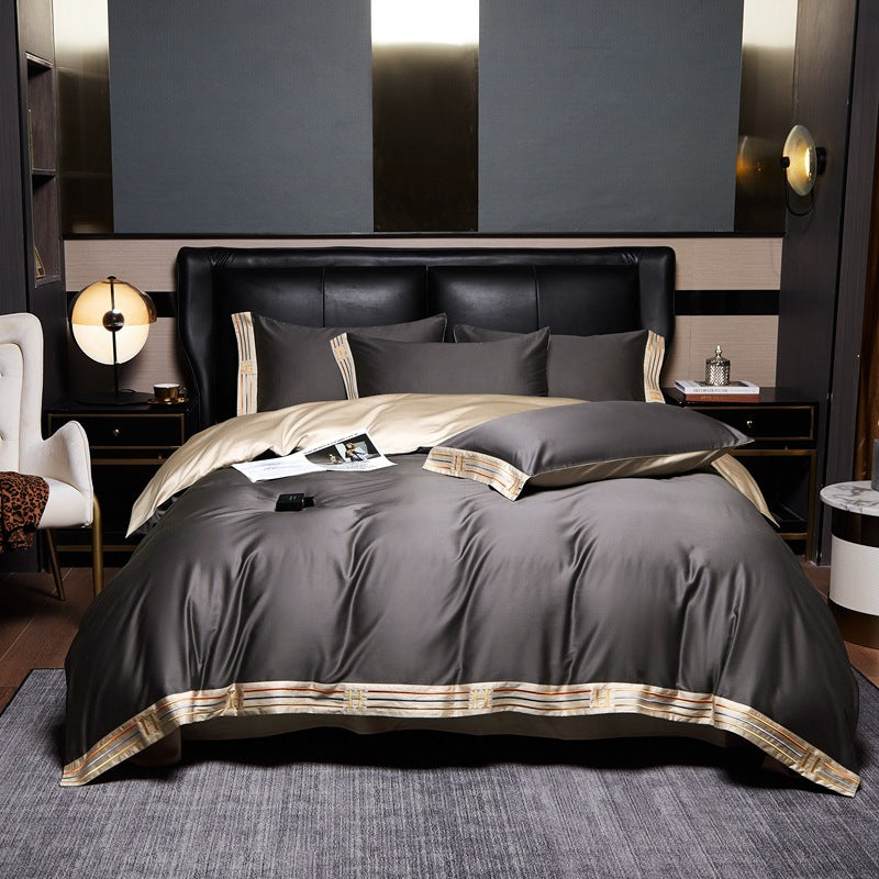 Luxe Satijnen Katoen Beddengoed Set 4-delig | 100% Katoen Geborduurd | Beschikbaar in Grijs, Khaki, Blauw, Oranje