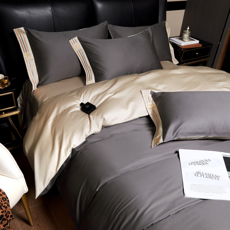 Luxe Satijnen Katoen Beddengoed Set 4-delig | 100% Katoen Geborduurd | Beschikbaar in Grijs, Khaki, Blauw, Oranje