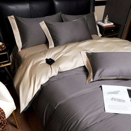 Luxe Satijnen Katoen Beddengoed Set 4-delig | 100% Katoen Geborduurd | Beschikbaar in Grijs, Khaki, Blauw, Oranje